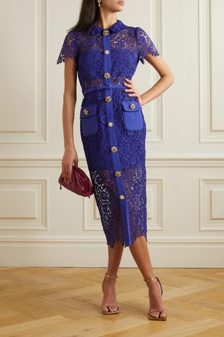 コ*マ様 セルフポートレイト ワンピース ローズレース ボタン ブルー UK8