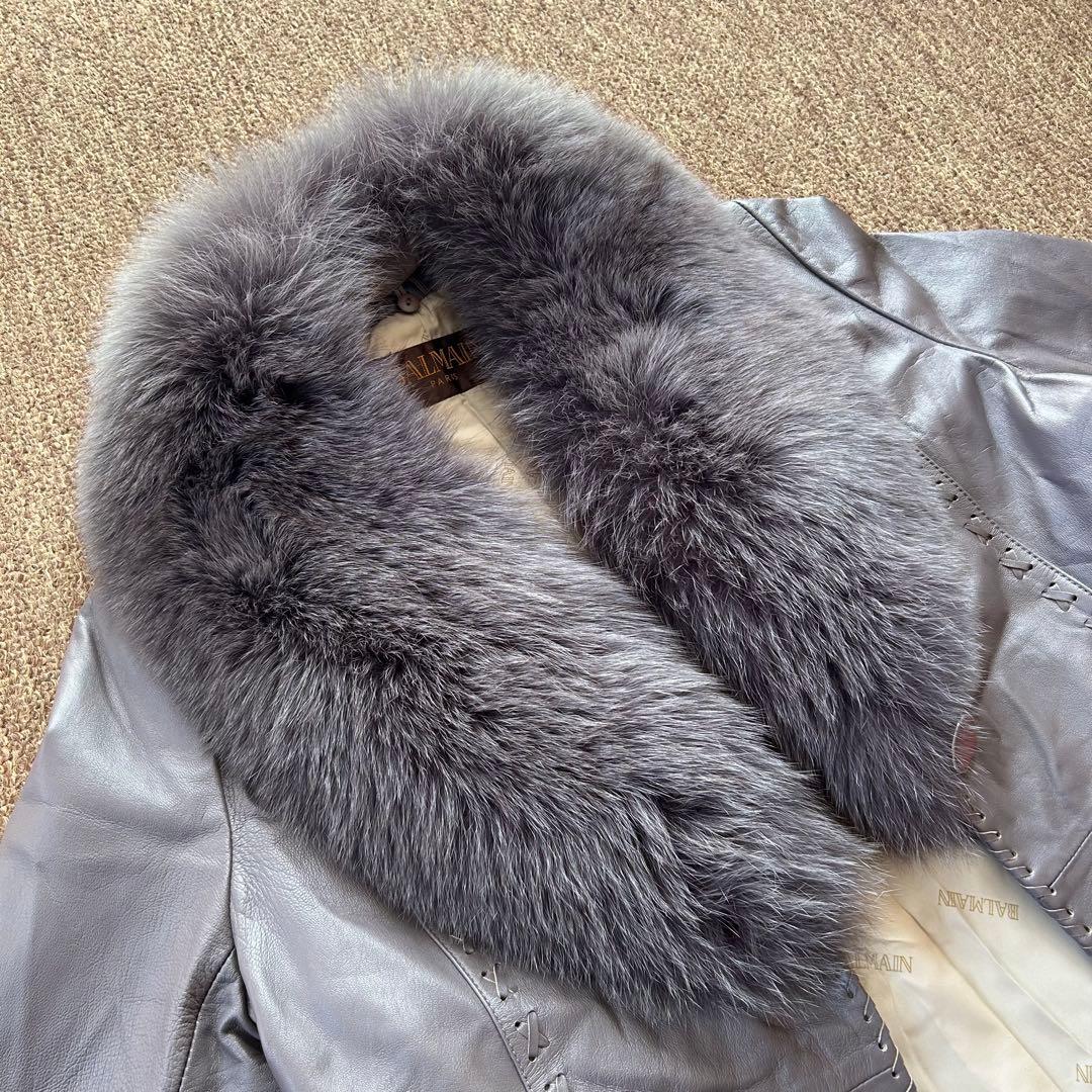 BALMAIN ラムレザー×フォックスファー コート ファー取外し可 グレージュ
