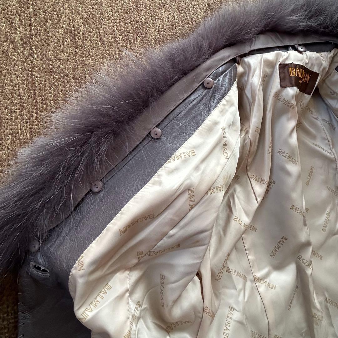 BALMAIN ラムレザー×フォックスファー コート ファー取外し可 グレージュ