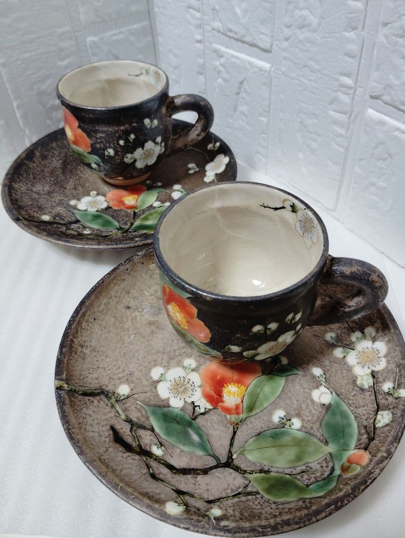 京焼　清水焼　陶葊　陶あん　椿と梅　カップ＆ソーサー　ペア