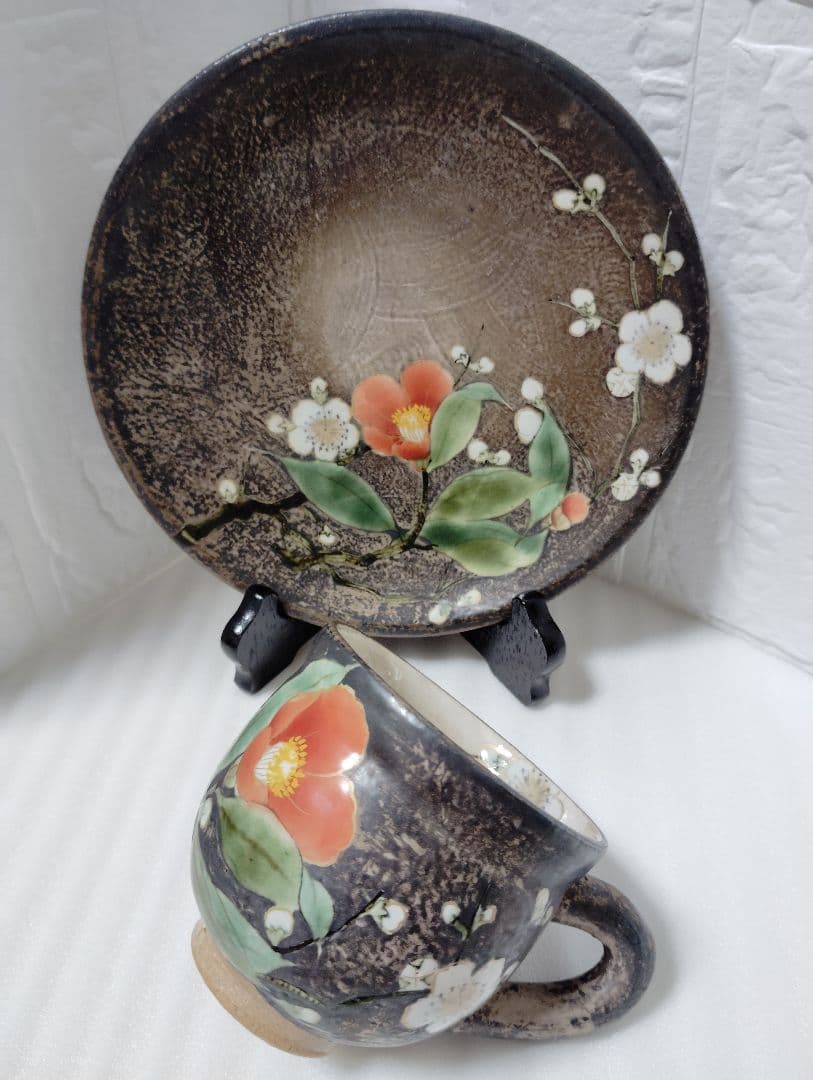 京焼　清水焼　陶葊　陶あん　椿と梅　カップ＆ソーサー　ペア