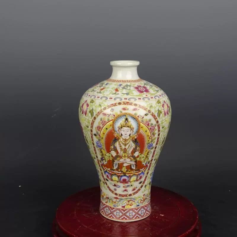 清康熙青釉粉彩タンカ紋梅瓶 景徳鎮 陶磁器 装飾品 現代工芸品 美術品 置物