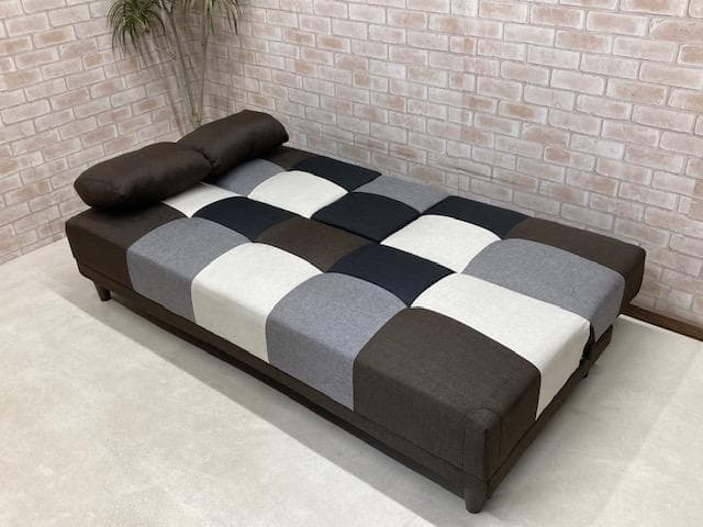 ソファーベッド　小テーブル付き　パッチワーク柄　ブラウンMIX　ソファ　新品