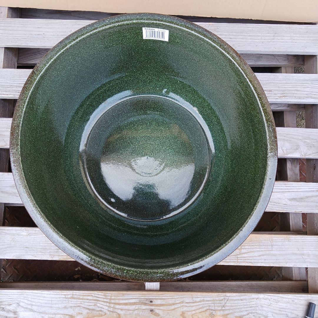 新品　特大51x49　陶器睡蓮鉢　メダカ鉢　難有　エメラルドグリーン　緑黒LBK