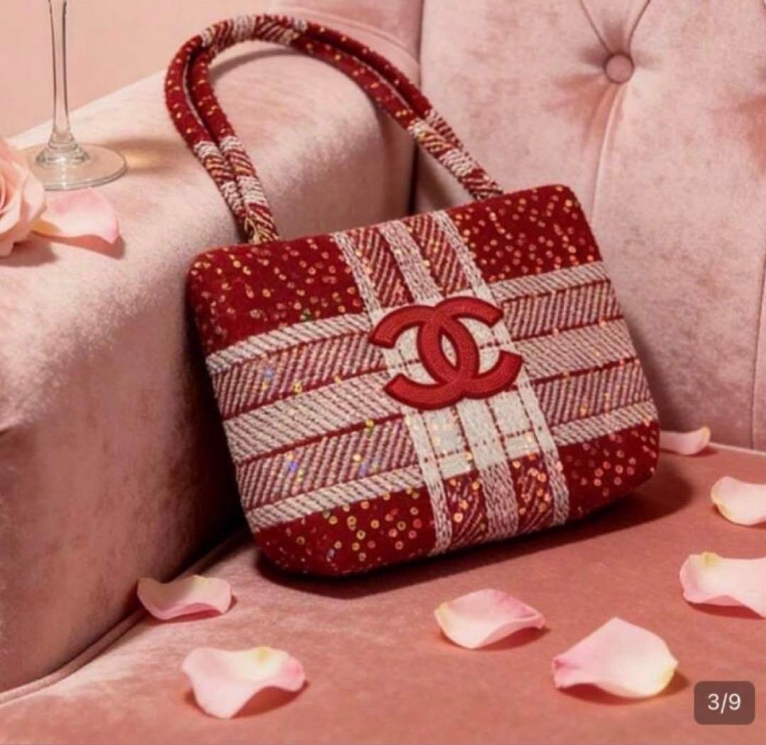 希少 CHANEL ノベルティ トートバッグ 赤 ツイード スパンコール
