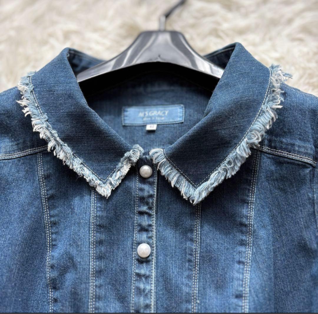 【美品】42 袖リボン　パールボタン　エムズグレイシー　デニムジャケット　20年