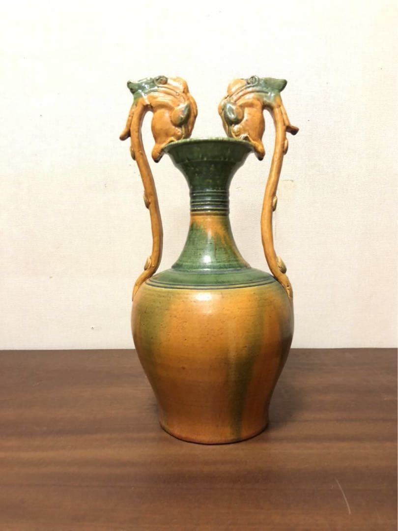 唐三彩　雙耳龍耳花瓶】 木箱付　遼三彩