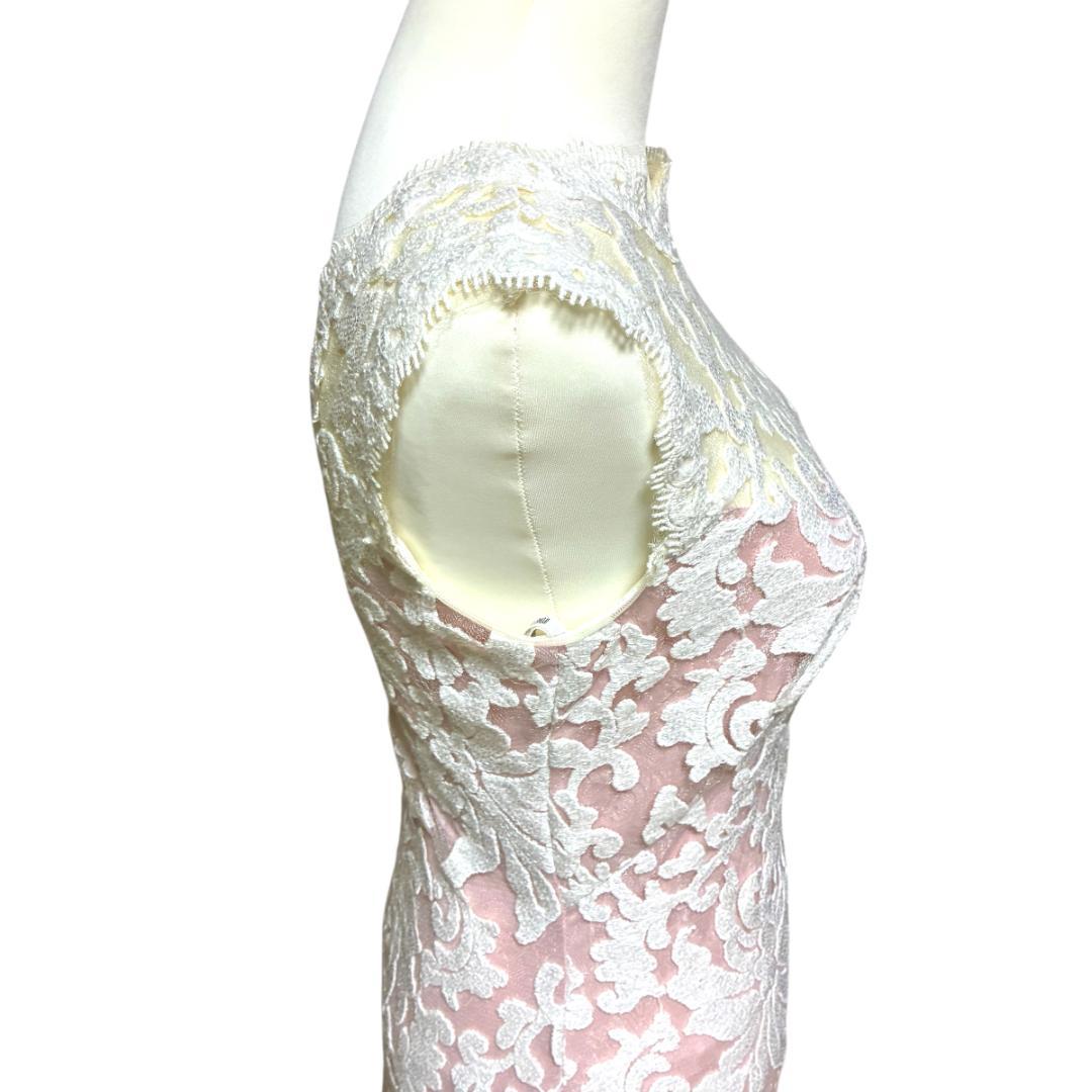 【タダシショージ】ロングワンピース マキシドレス　刺繍 スパンコール　白/ピンク