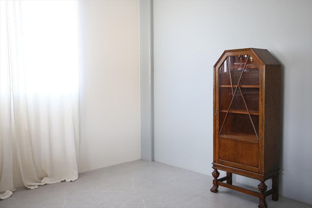 英国アンティークアールデコ様式キャビネット/木製本棚/食器棚/飾り棚91-134