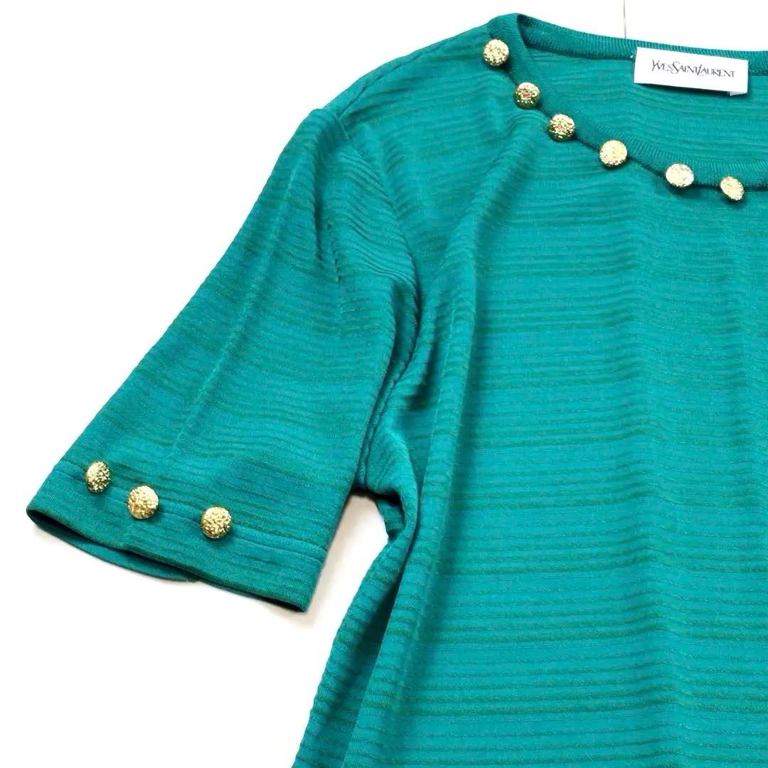 美品 サンローラン 金ボタン ゴールド ストレッチ ワンピース グリーン