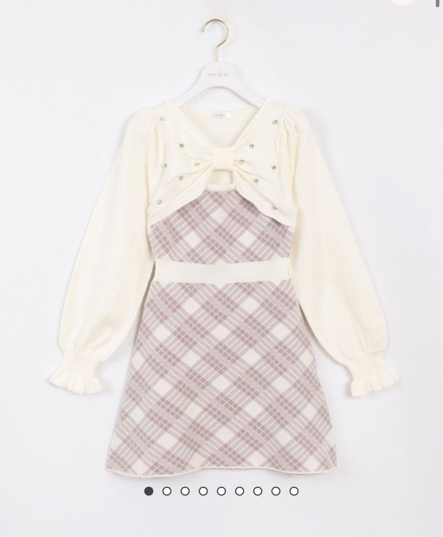 evelyn 長袖チェックリボンニット ワンピース ピンク