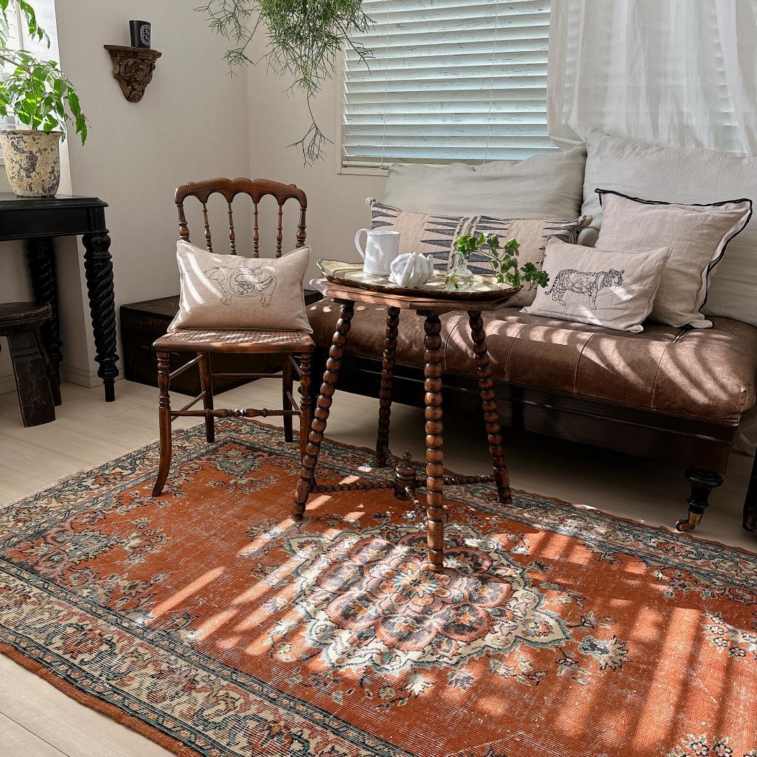 トルコ ヴィンテージラグ A12 レア オレンジ ブラウン ピンク ブルー