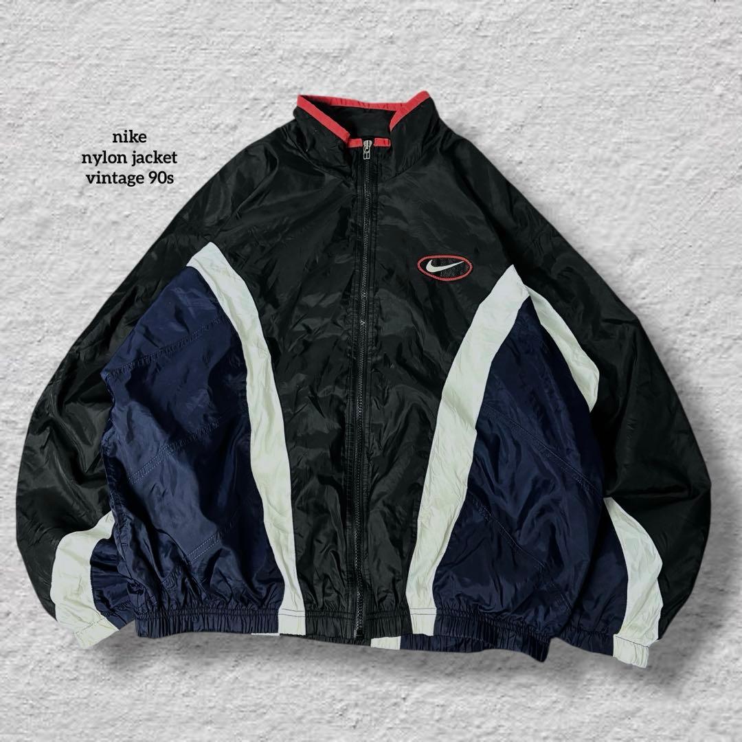 nikeナイキナイロンジャケット90sビッグロゴvintage古着ブラック刺繍L