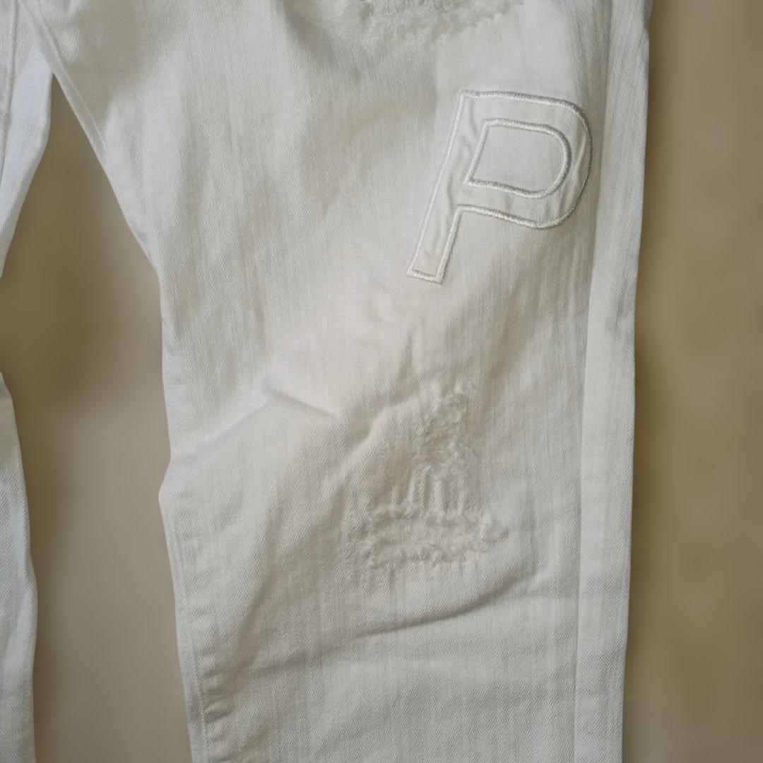 希少ホワイトスキニーデニム♪ウノピュー ダメージ加工♪刺繍ロゴ！ドローストリング