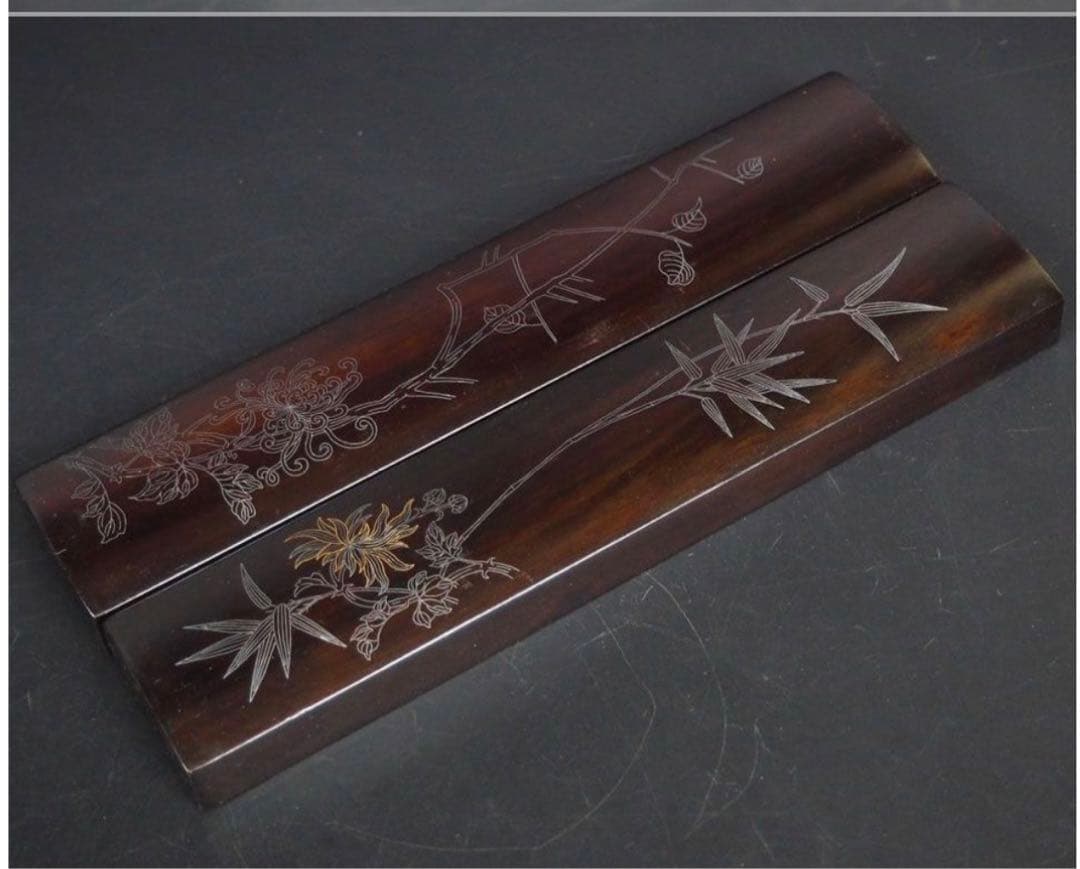 送料無料　中国古玩 民国金銀象嵌唐木文鎮/紙鎮　一対　書道具文房具