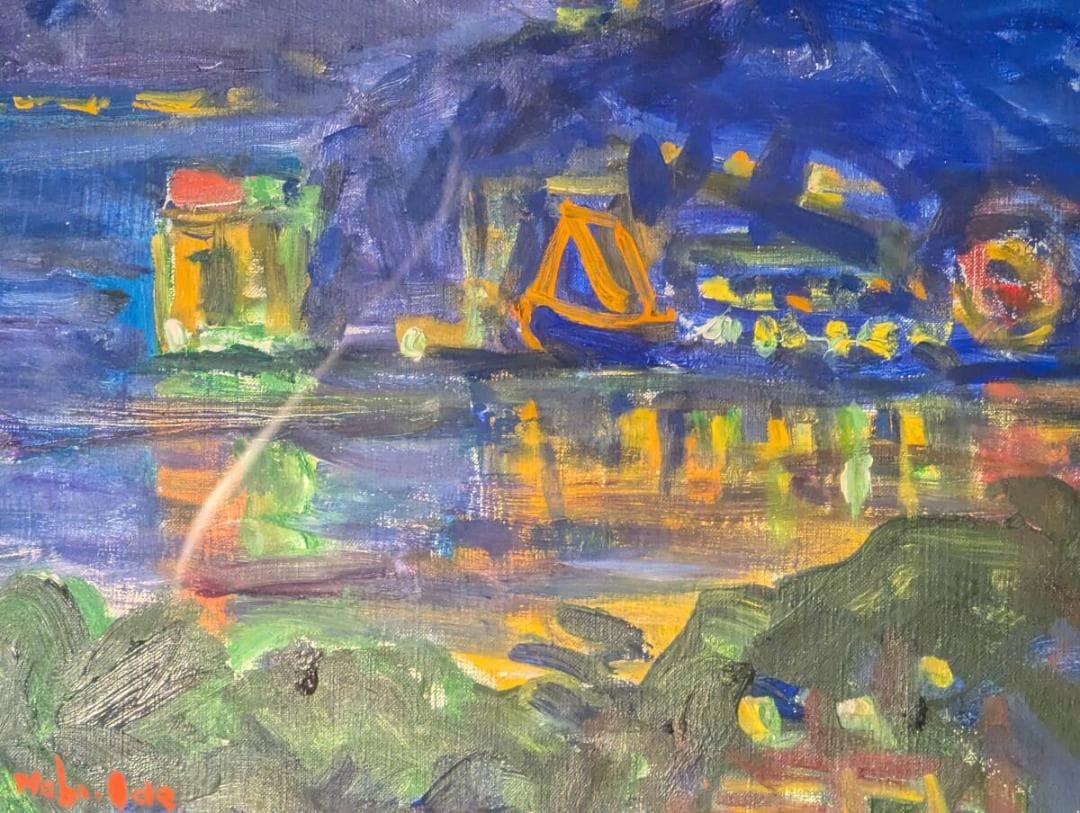 【真作】絵画　井手宣通　油彩6号　白い夜の雲　熱海にて　夜の港町　Z64