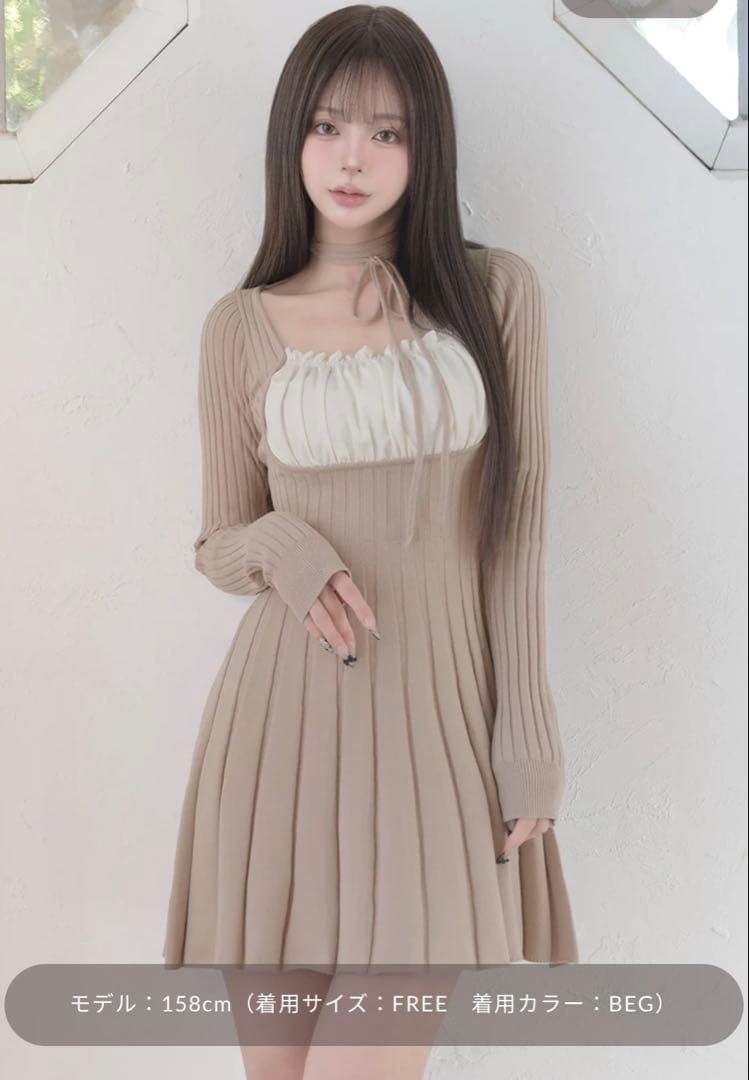 ネックリボンデザイン フレアニットミニワンピースDarich