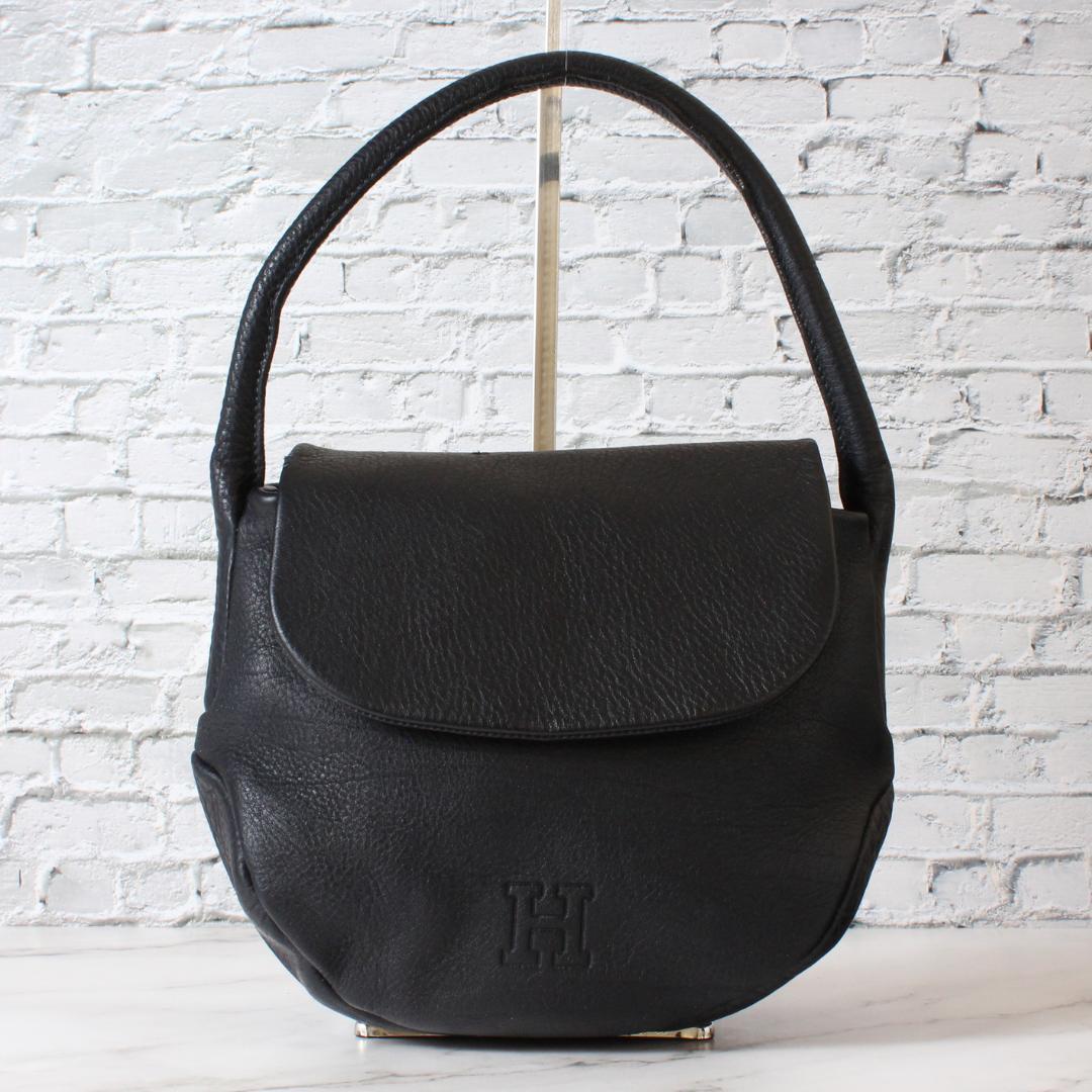 ヒロフ ハンドバッグ フォーマルバッグ ワンハンドル レザー シボ革 ブラック系