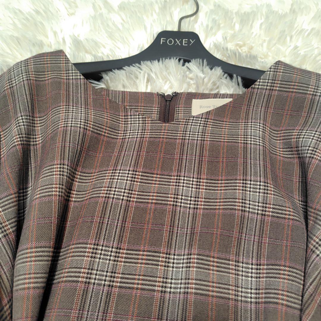 【美品♡希少46】ローズティアラ　チェック&刺繍パール　リボンフレアワンピース