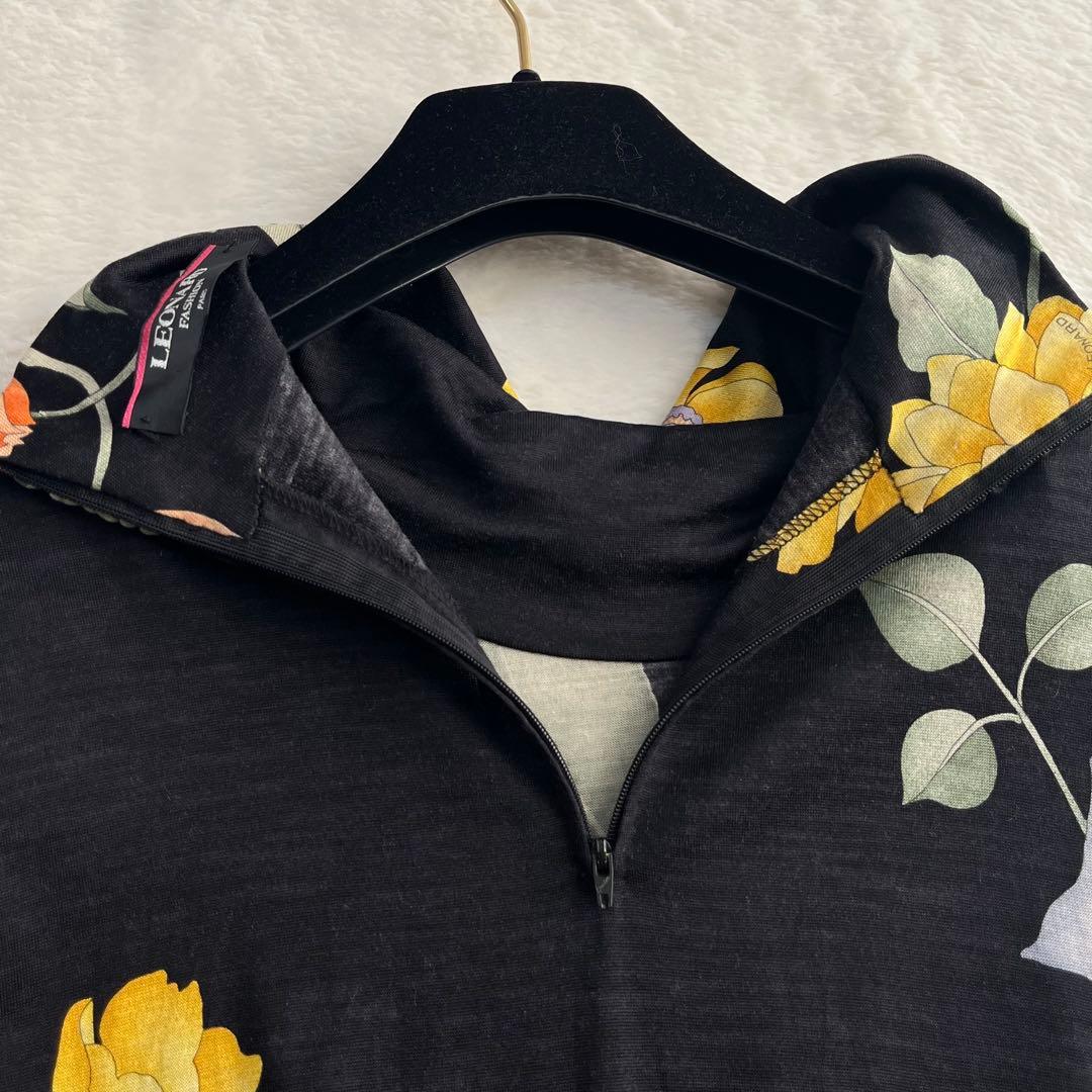 レオナール ウールシルク タートルネックカットソー 花柄 ストレッチ 丈長 M