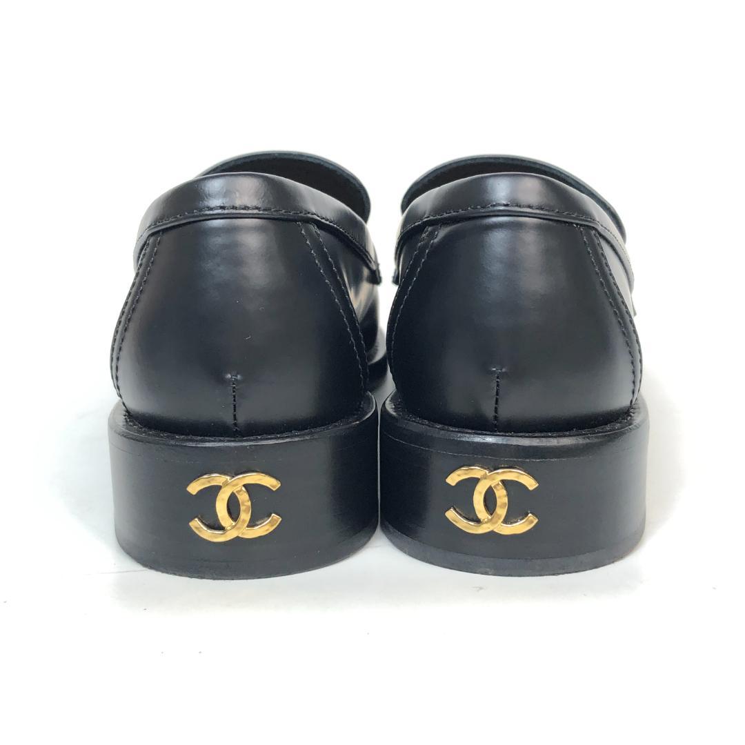 【美品】12F198 シャネル カメリア ココマーク ローファー 34C 黒 革