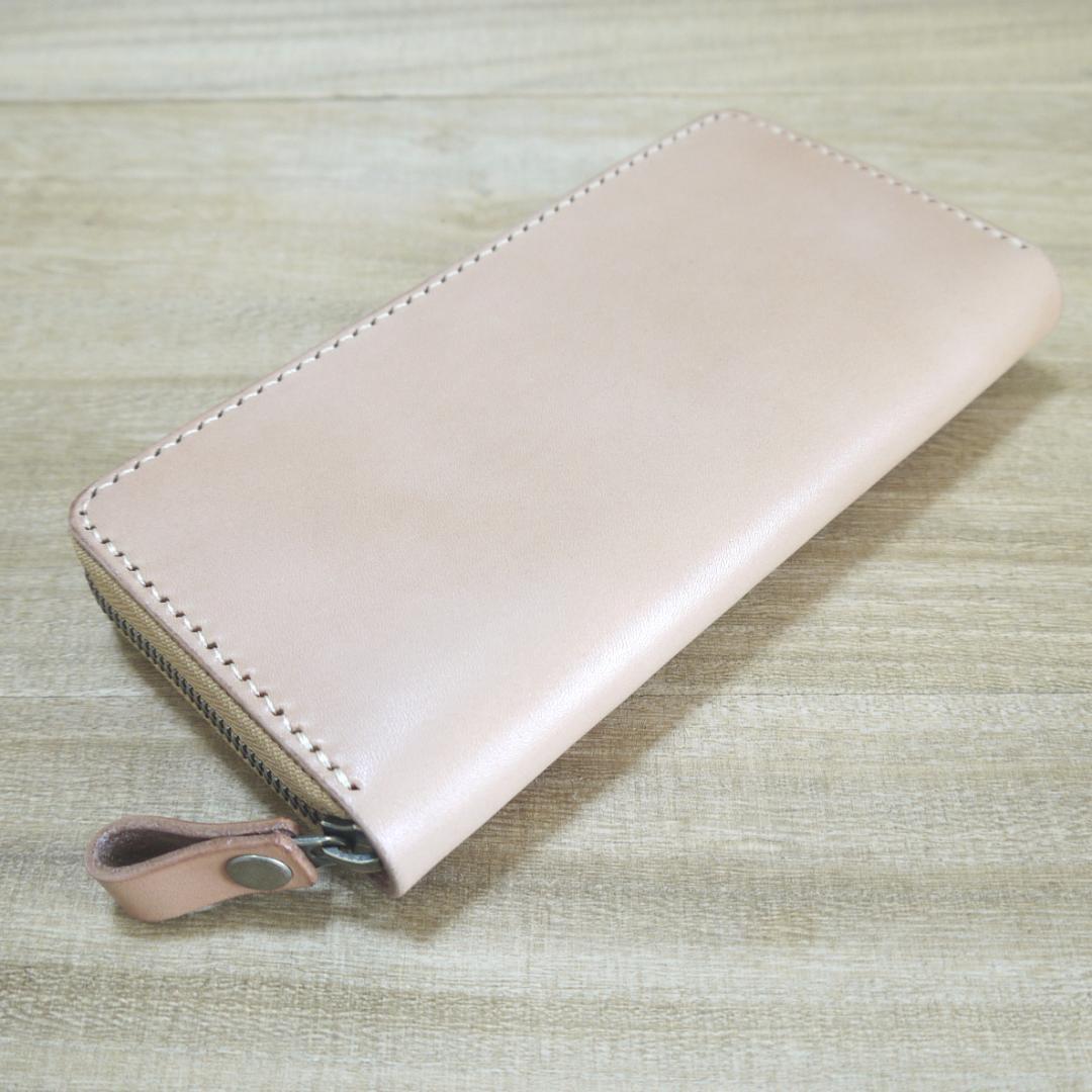 ヌメ革　栃木レザー　サドルレザー　ロングウォレット　ラウンドファスナー　生成り