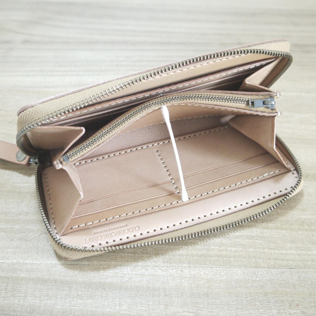 ヌメ革　栃木レザー　サドルレザー　ロングウォレット　ラウンドファスナー　生成り