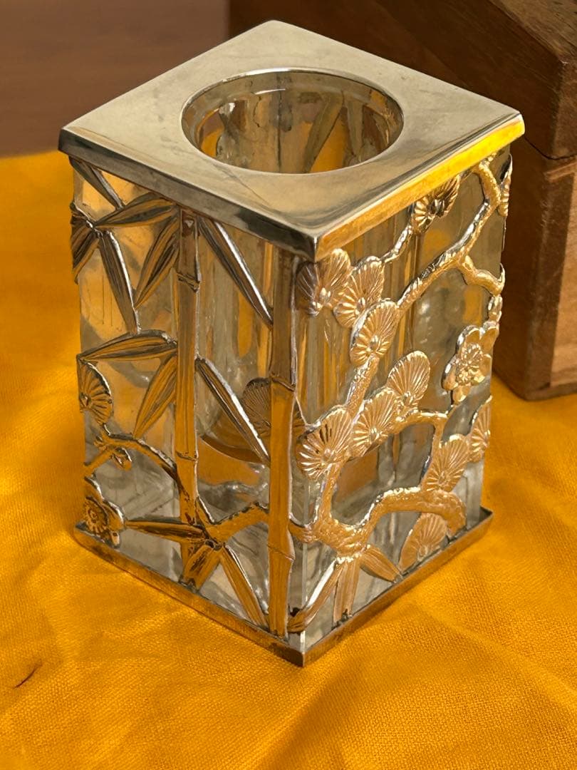 時代 昭和レトロ 銀製 極上細工硝子 松竹梅楊枝入れ 箱付き在銘175g