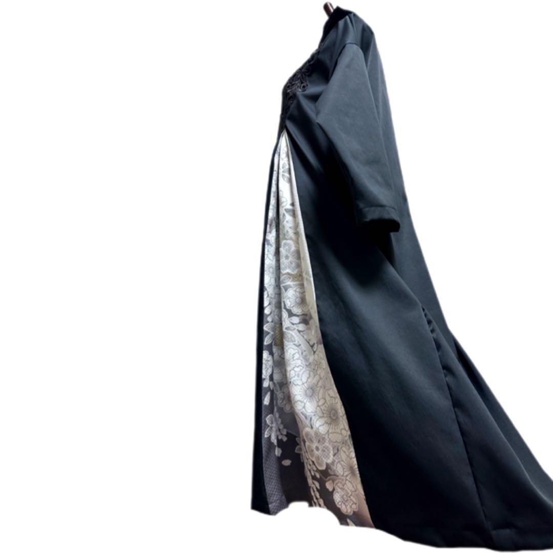 振袖　着物リメイク　ドレス　黒×金彩入り辻が花　和柄　ワンピース　ハンドメイド