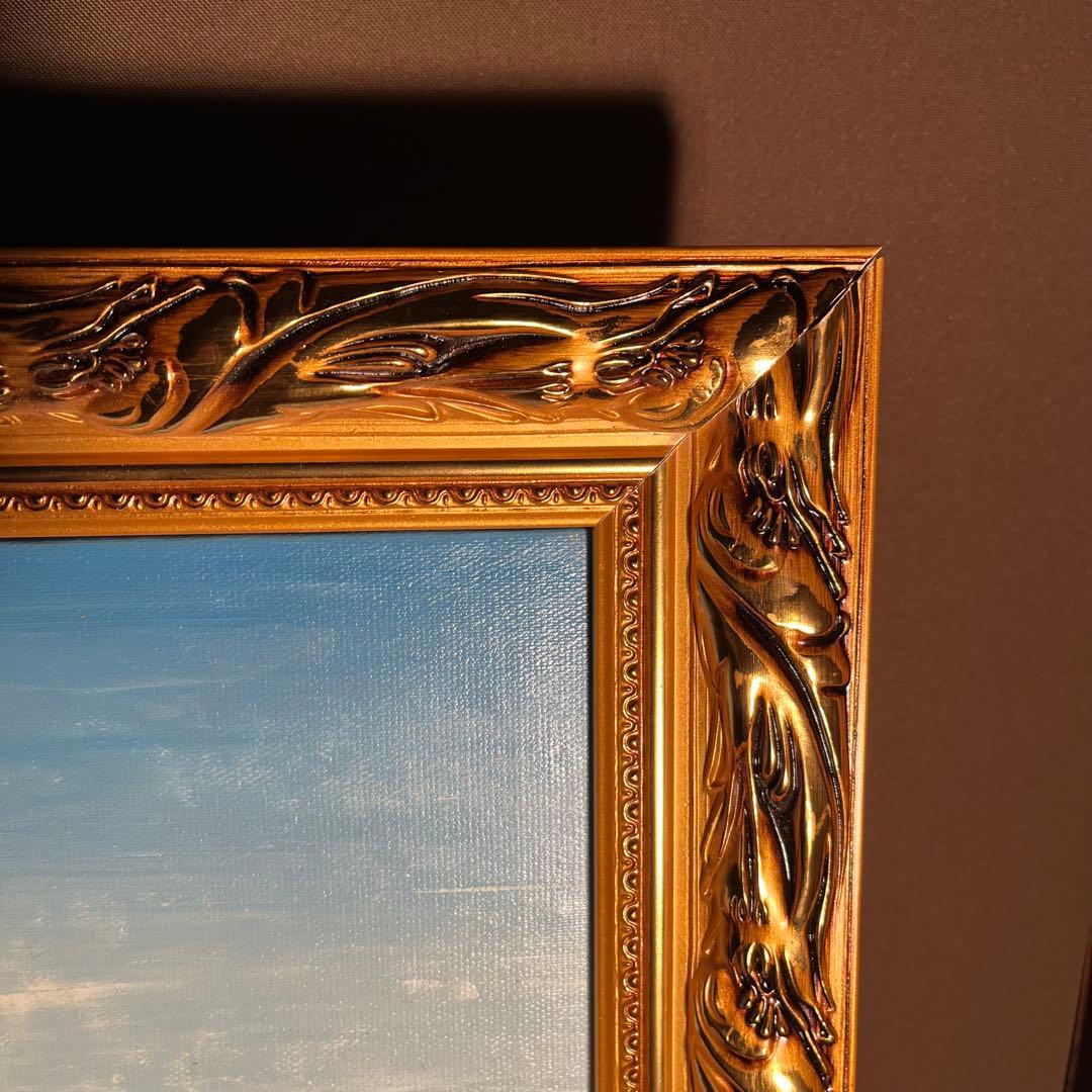 手書き油絵 色づく湖と山 額付き 肉筆絵画 インテリア 油彩画