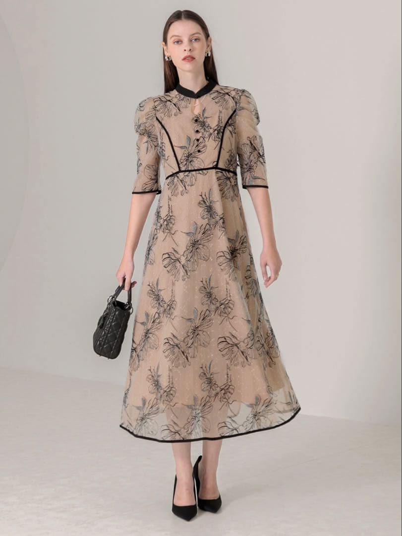 パイピングハイネック花柄ラメレースワンピースドレス結婚式二次会パーティー成人式