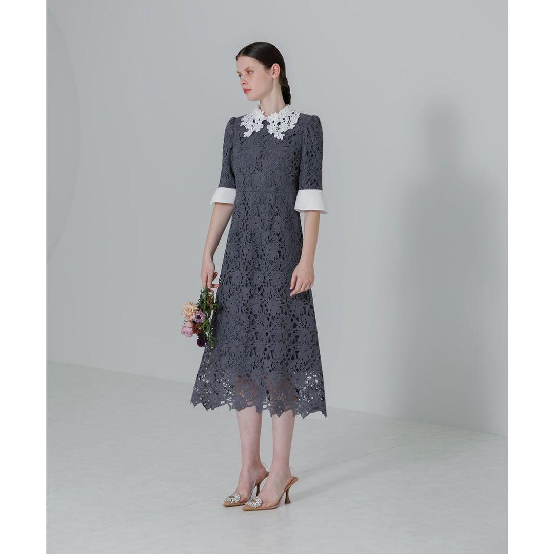 最終値下 LEJA花柄レースカラースパンコール刺繍Aラインフレアドレスワンピース