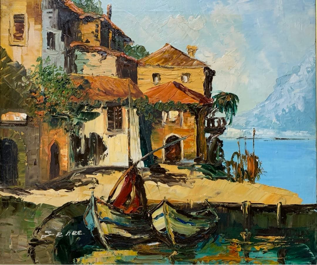 絵画　油彩肉筆画　海外作家『イタリア港風景』F10 高級額装