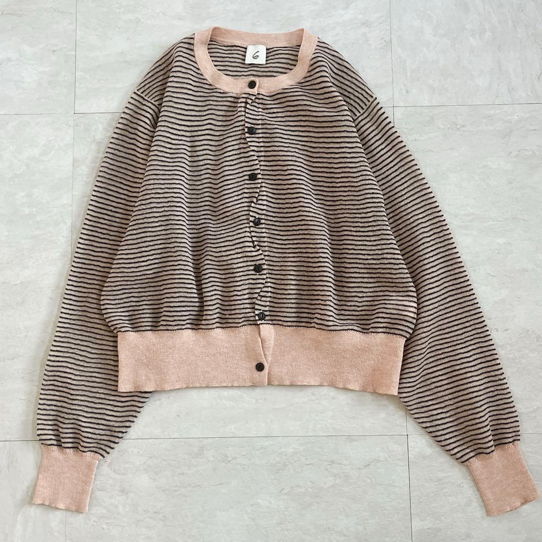 6(ROKU)シアー ボーダー カーディガン ピンク 洗える 羽織 2024