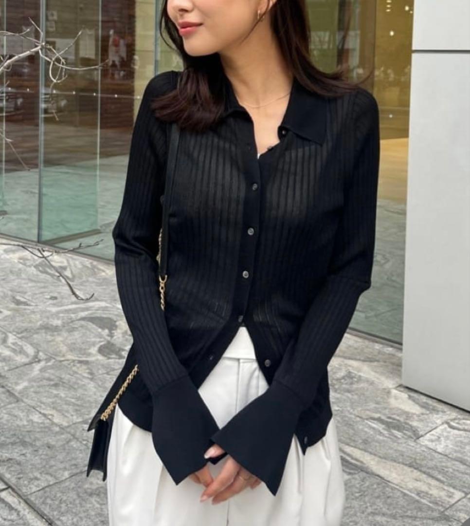 未使用LOUNIE アセテートリブ襟付きリブカーディガン アセテートリブルーニィ