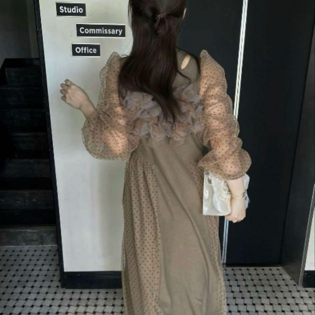 ドット柄パフスリーブロングドレス