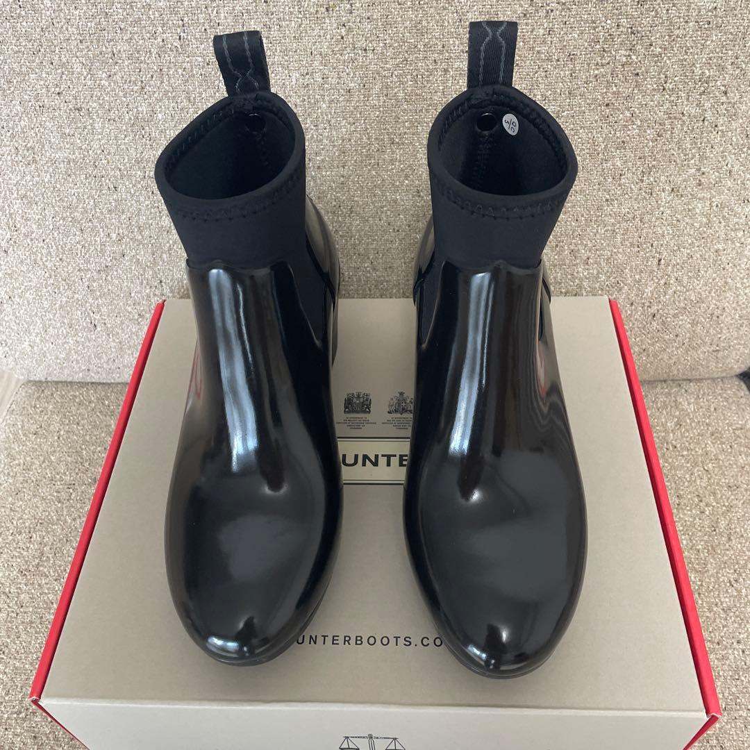 HUNTER ブラック ショート レインブーツ ヒール約7cm 現行品