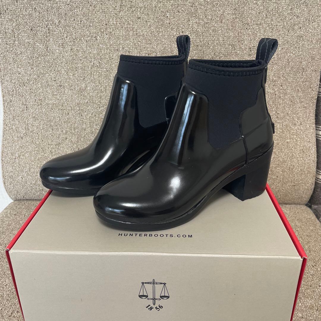 HUNTER ブラック ショート レインブーツ ヒール約7cm 現行品