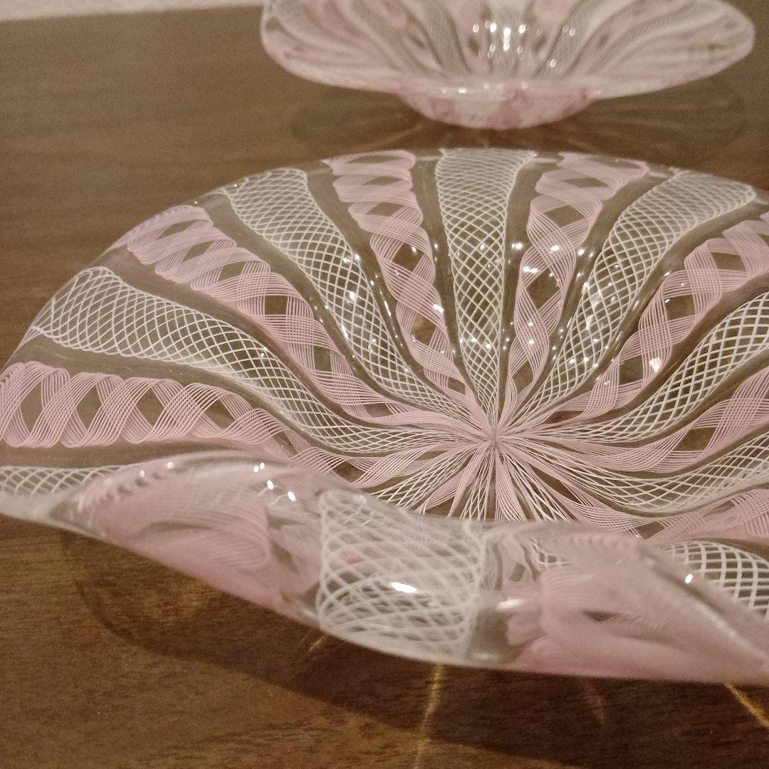 ベネチアンガラス　ムラノ　MURANO　変形皿　2枚　ピンク　レース　インテリア