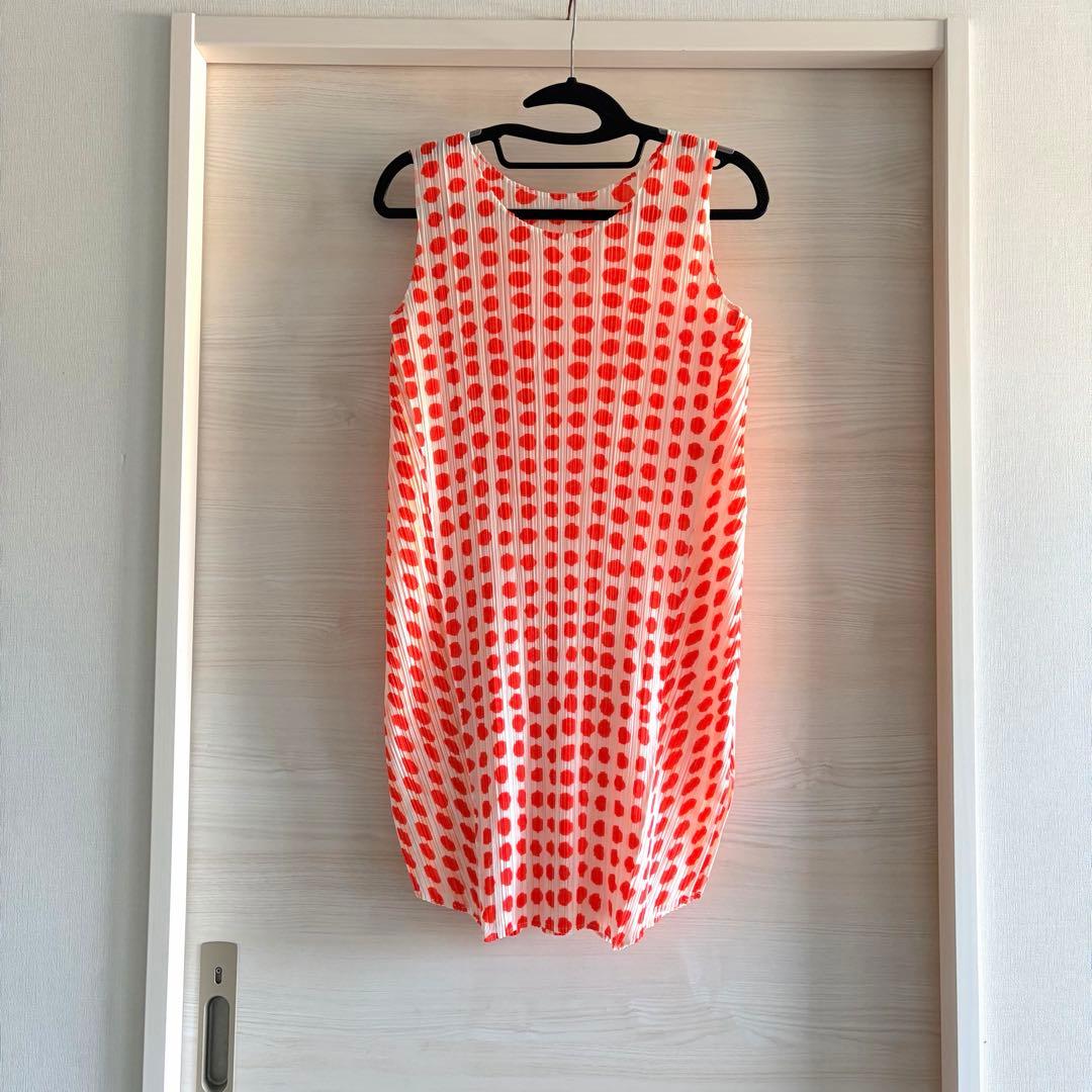 プリーツプリーズ　チュニック　トップス　ドット柄　美品　蛍光オレンジ