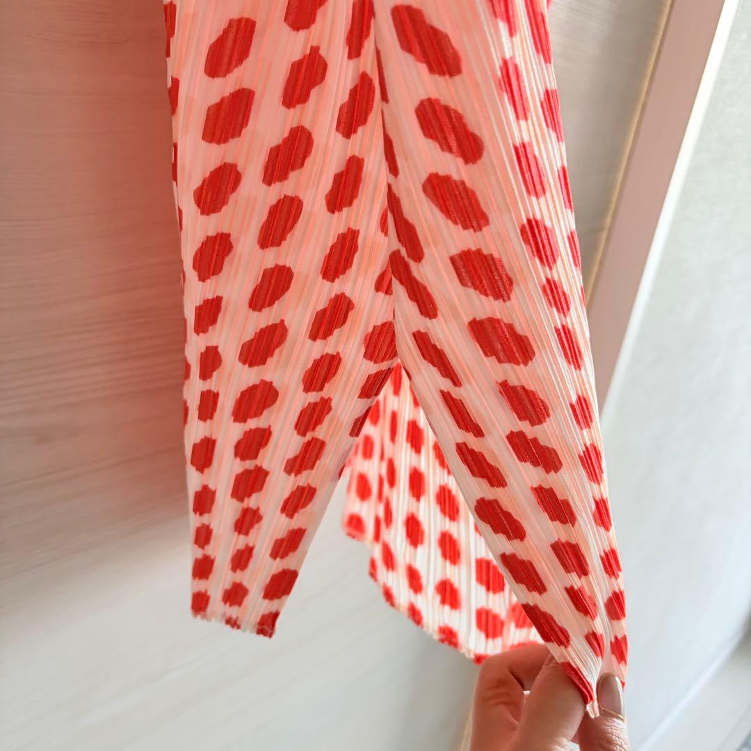 プリーツプリーズ　チュニック　トップス　ドット柄　美品　蛍光オレンジ