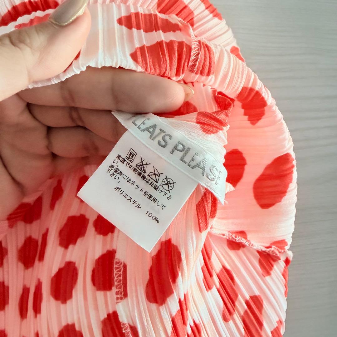 プリーツプリーズ　チュニック　トップス　ドット柄　美品　蛍光オレンジ