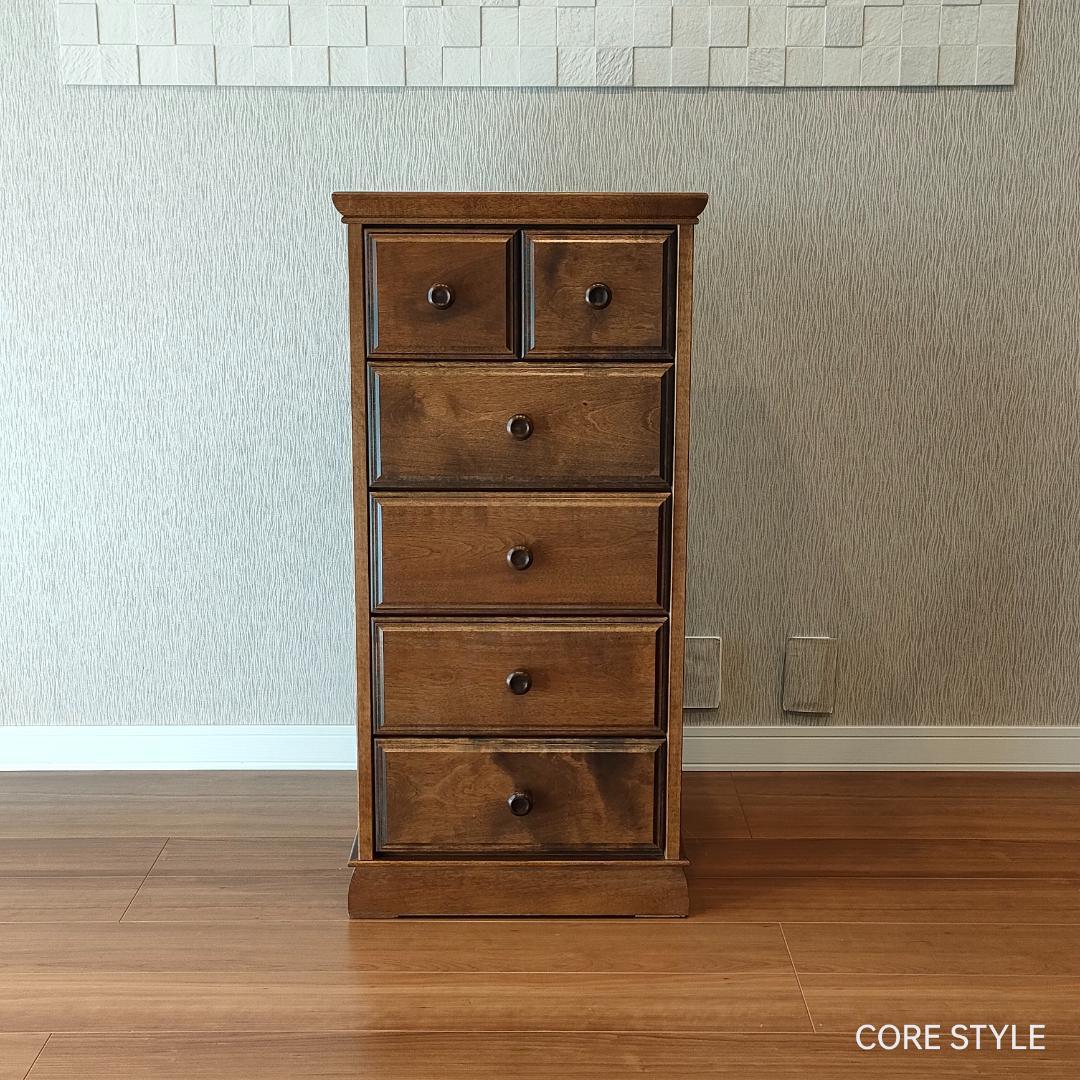 高級　スリムチェスト　5段チェスト　6杯　組木　樺材　アンティーク