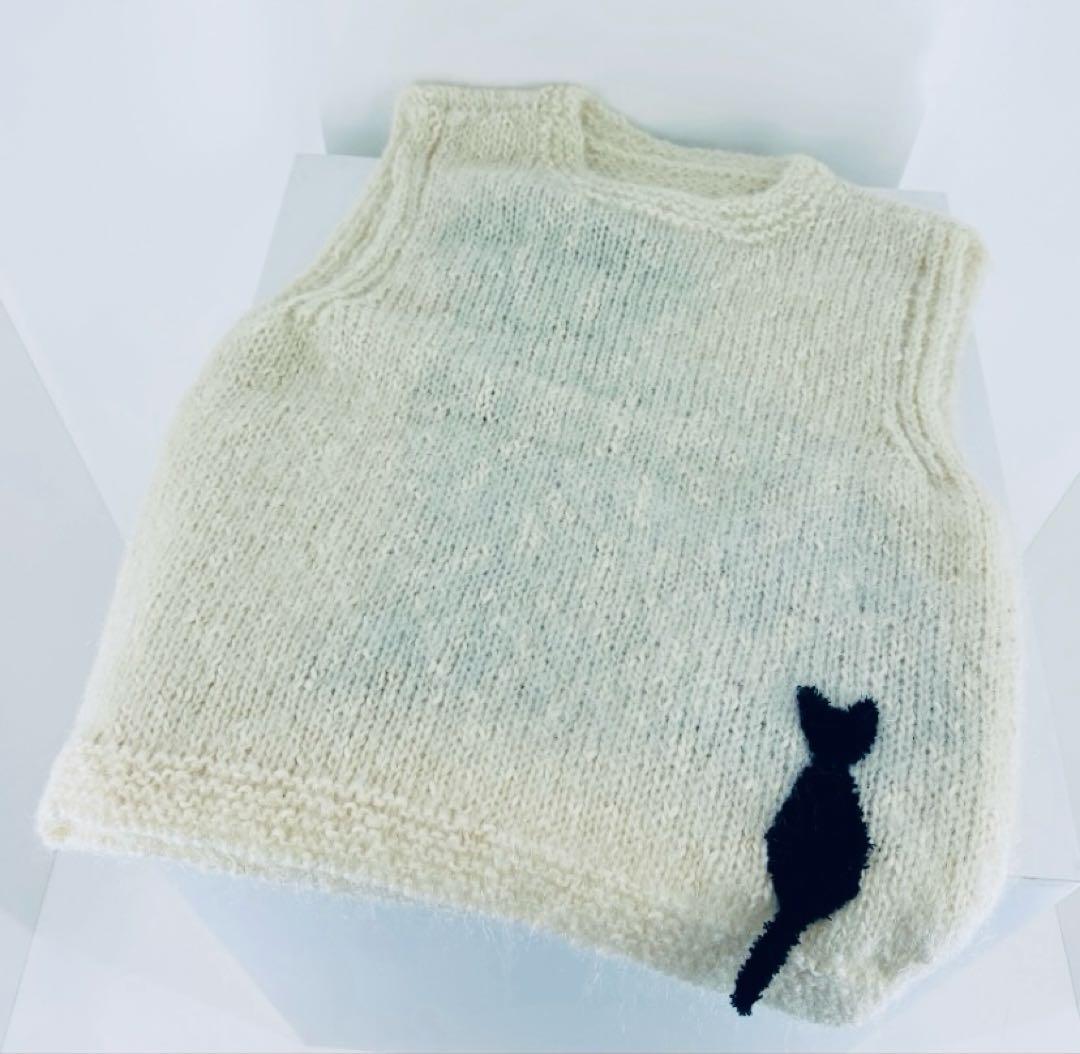 新品未使用ふわっふわっオーダー インターシャ手編みBLACK CATニットベスト