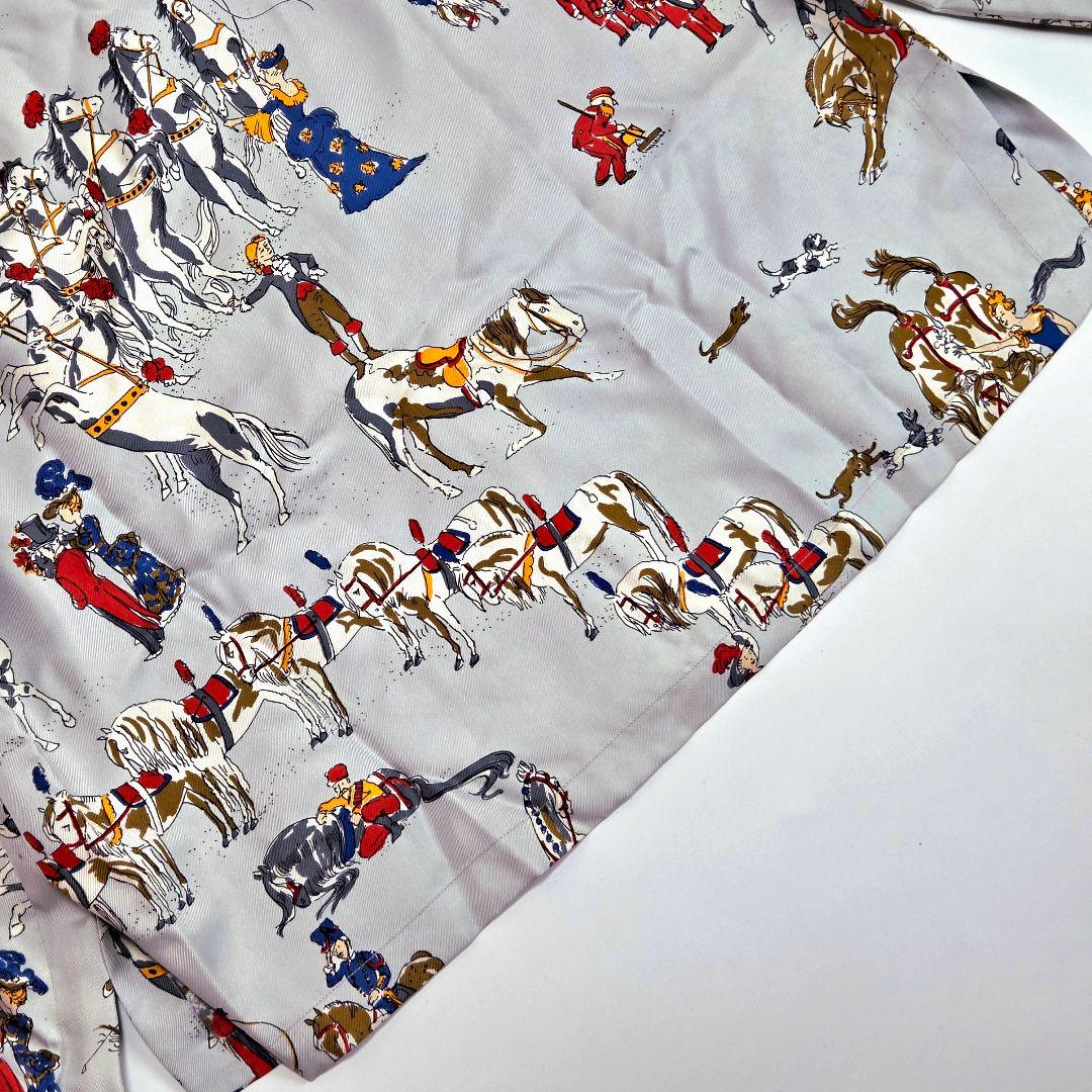 HERMES エルメス シルクシャツ 38 馬柄 サーカス 動物 ブルー系 長袖