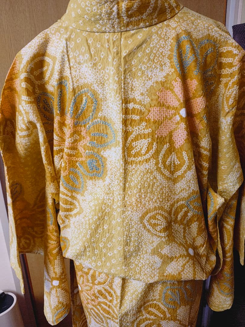 総絞り 花柄 浴衣 黄色系