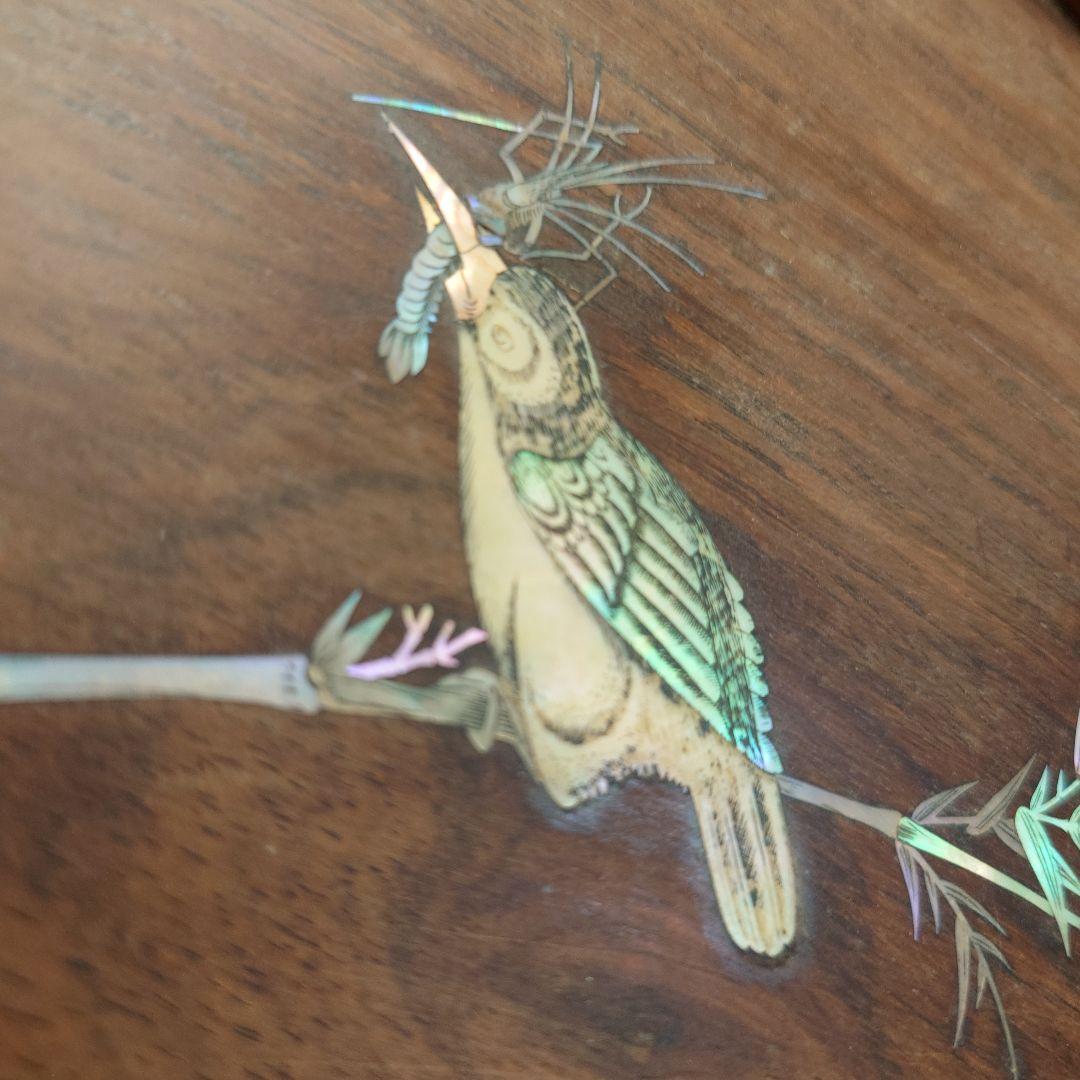 竹と鳥の象嵌装飾 木製トレイ