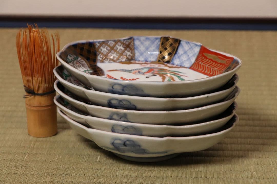 【CM53】古伊万里 桐鳳凰図 変形 刺身皿 五客 鶴 金彩 錦手 菱形 向付