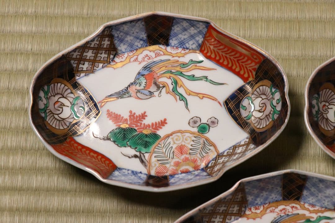 【CM53】古伊万里 桐鳳凰図 変形 刺身皿 五客 鶴 金彩 錦手 菱形 向付