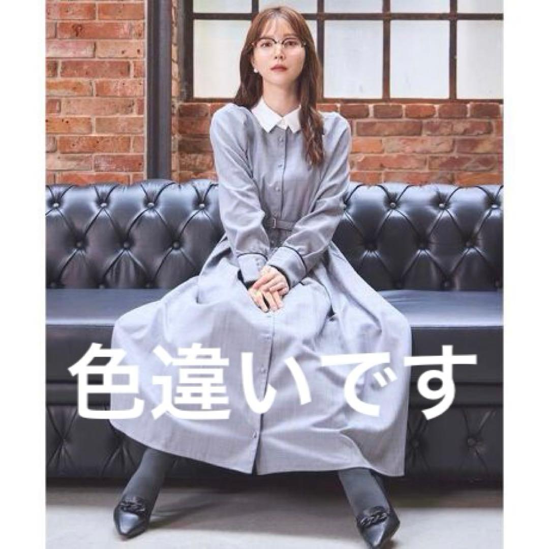 完売Swingle バイカラー衿パイピングタックフレアシャツワンピース ネイビー